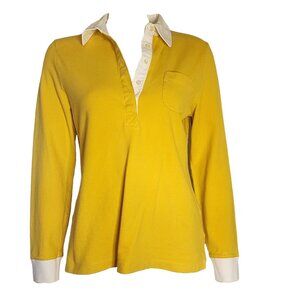 Lands End Top Womens Size M Medium Solid All Yellow White Trim Collared Pullover